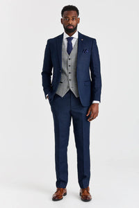 Costum Arthur bleumarin cu vestă Harris gri din tweed contrastant