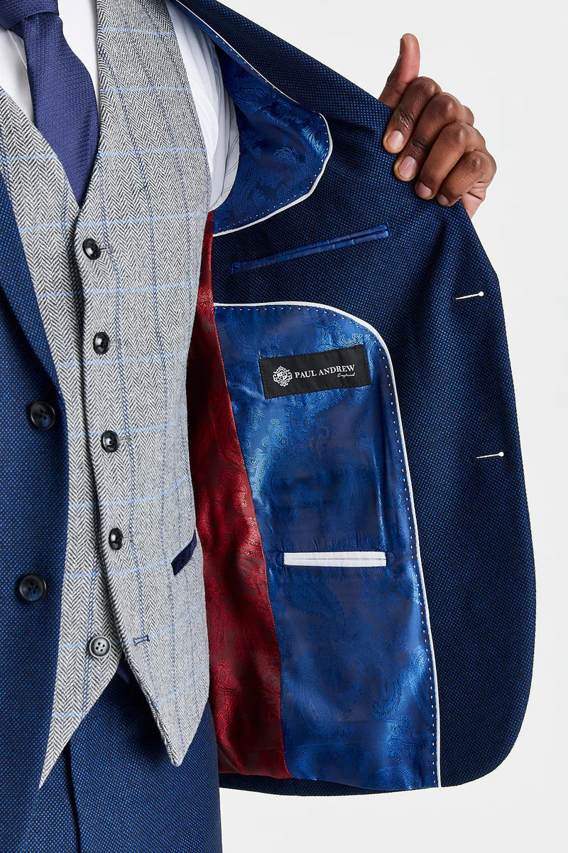 Costum Arthur bleumarin cu vestă Harris gri din tweed contrastant