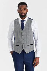 Costum Arthur bleumarin cu vestă Harris gri din tweed contrastant