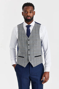 Costum Arthur bleumarin cu vestă Harris gri din tweed contrastant