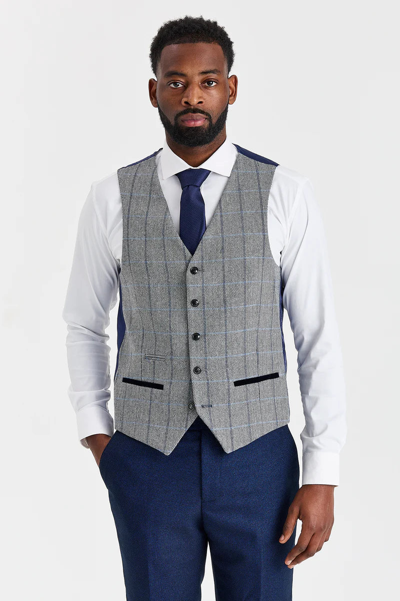 Costum Arthur bleumarin cu vestă Harris gri din tweed contrastant
