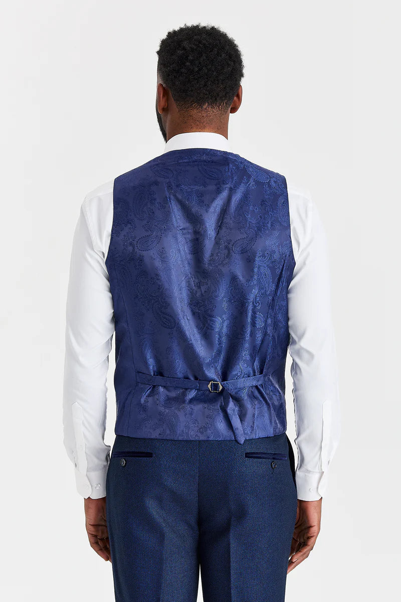 Costum Arthur bleumarin cu vestă Harris gri din tweed contrastant