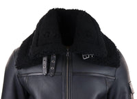 Mens Shearling Sheepskin Coat Zipped Flying Jacket Black Winter Warm Fur