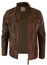 Real Leather Jacket Biker Style Vintage Black Zipped Pockets Casual Fitted for Men - Brown