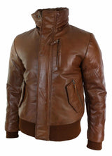Mens Real Fur Hood Bomber Leather Jacket Black Puffer Padded-Tan