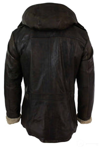 Mens Real Leather Hood Duffle Safari Jacket Long 3/4 Fur Washed Timber Brown Tan-Brown