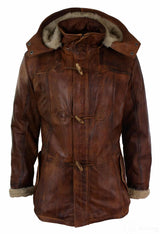 Mens Real Leather Hood Duffle Safari Jacket Long 3/4 Fur Washed Timber Brown Tan-Nevada Timber