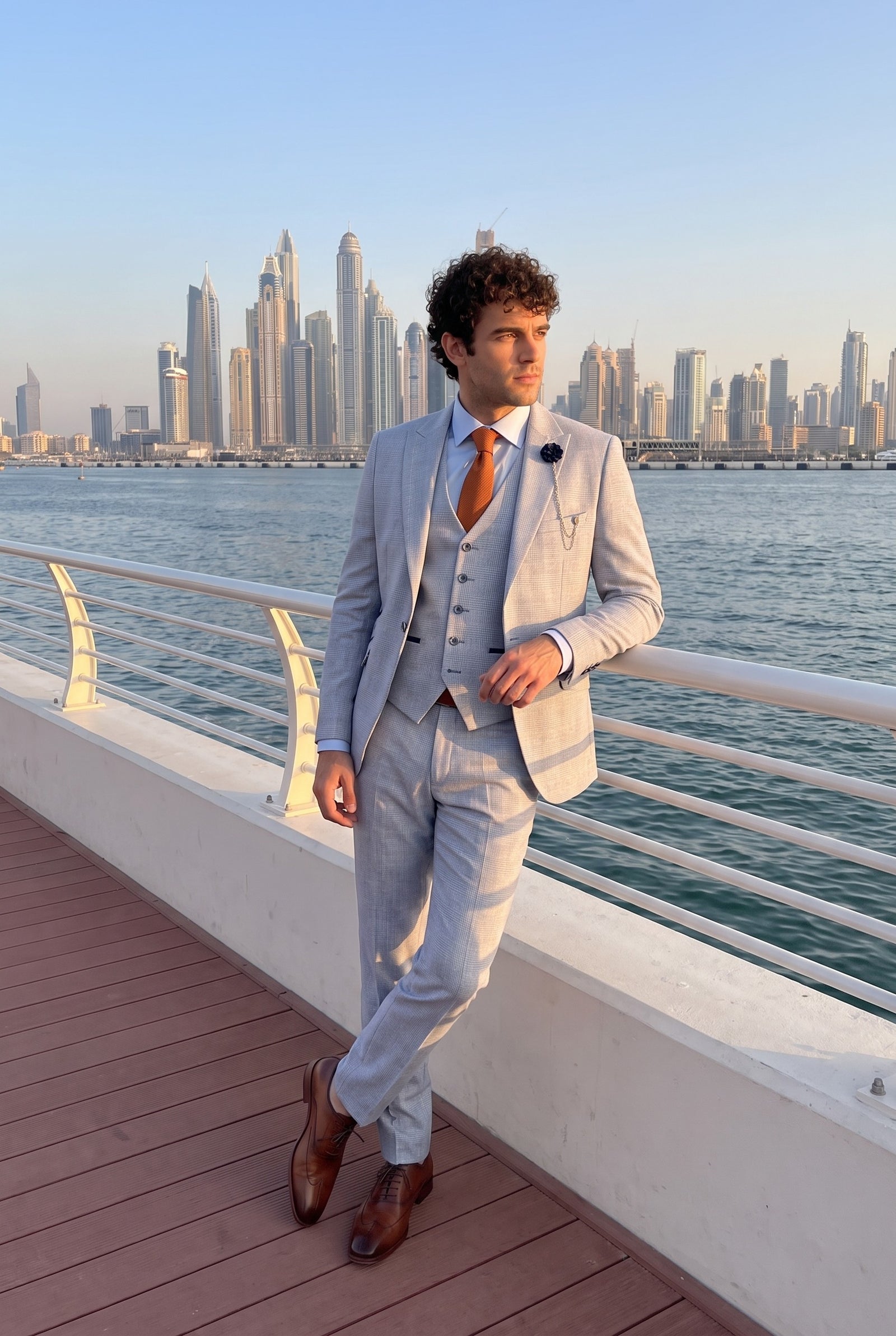 Look #1008 styled with Costum bărbătesc din 3 piese, model tweed, albastru deschis, croială croită, model Peaky Classic
