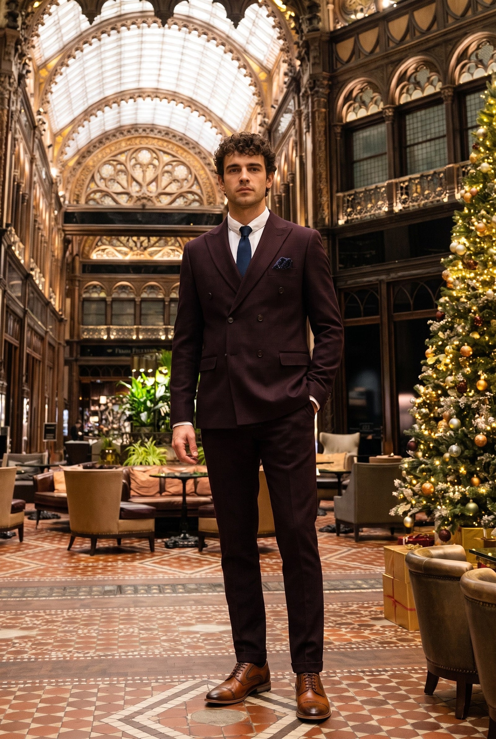 Look #581 styled with Regent - Costum bărbătesc bordeaux cu două piese, cu două rânduri de nasturi