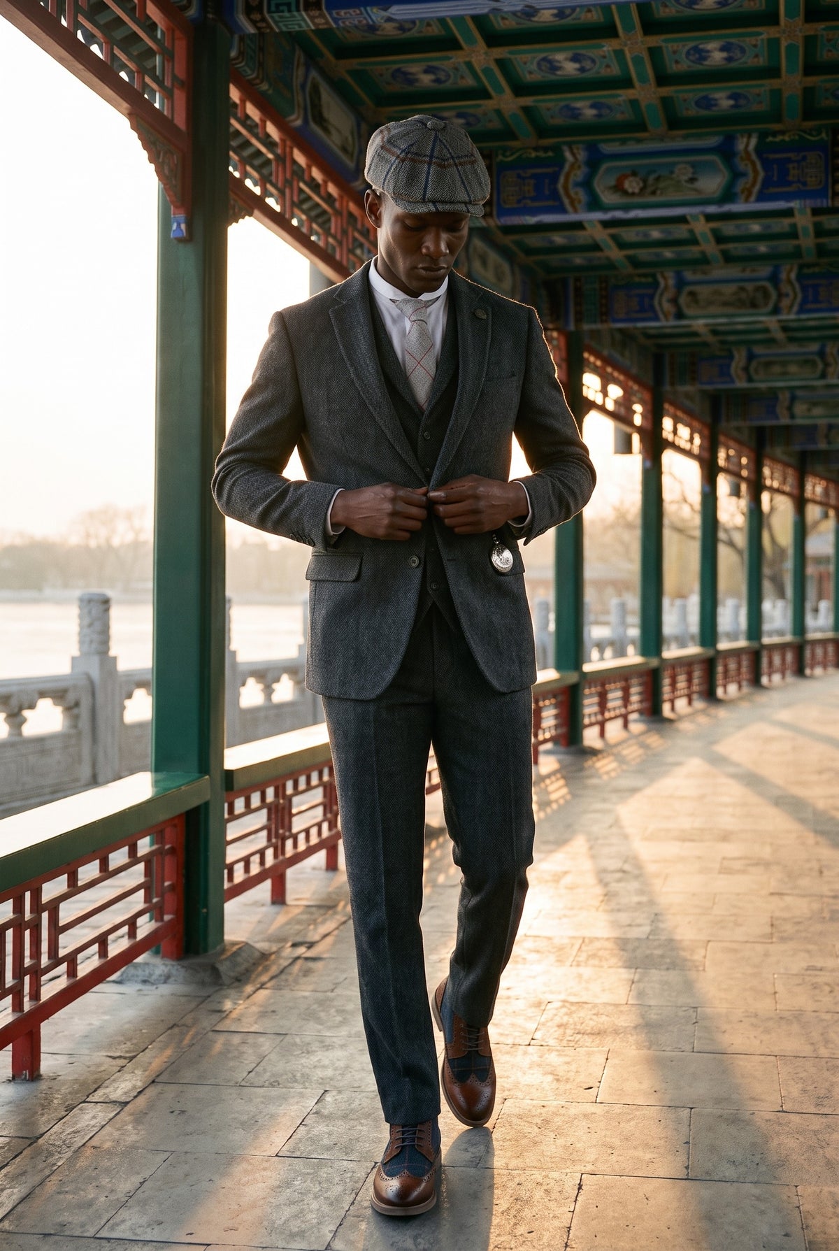 Look #881 styled with Costum bărbătesc gri cărbune din 3 piese, model herringbone, din tweed - STZ11