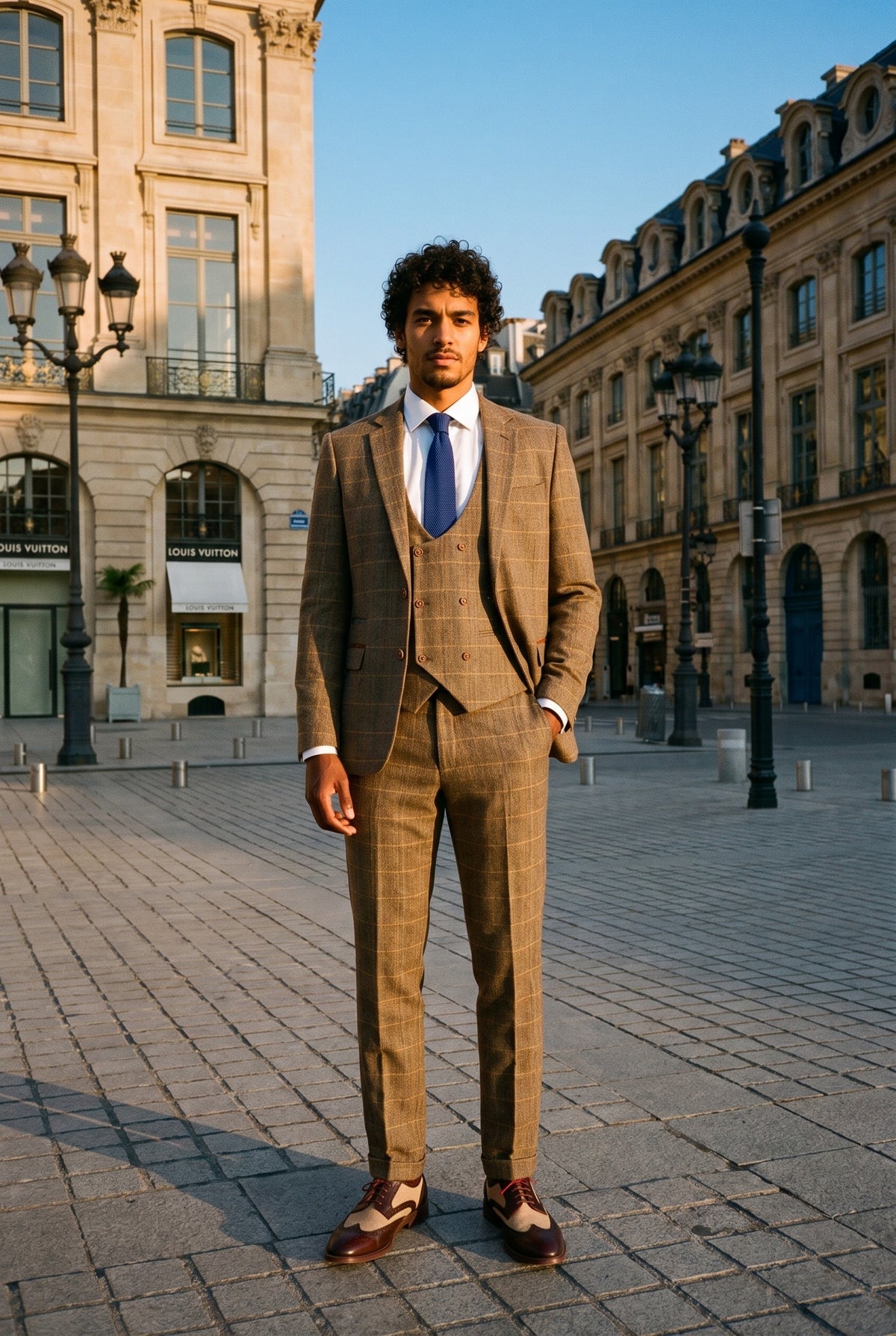 Look #983 styled with Costum bărbătesc din 3 piese, model herringbone, model maro-cenușiu, în carouri, croială dublă clasică