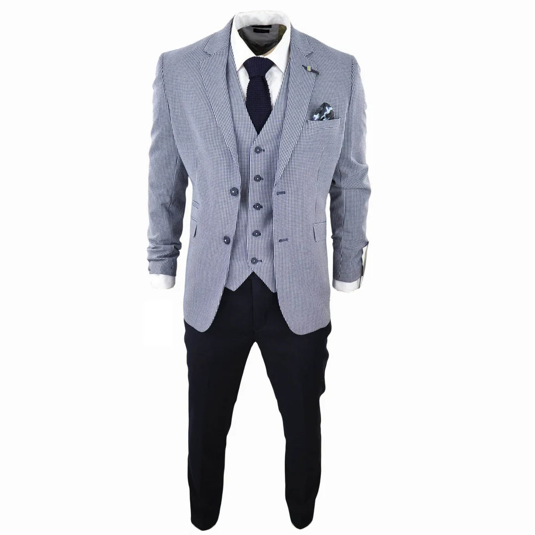 Baresi Men's 3-Piece Grey and Navy Contrasting Classic Summer Check Suit