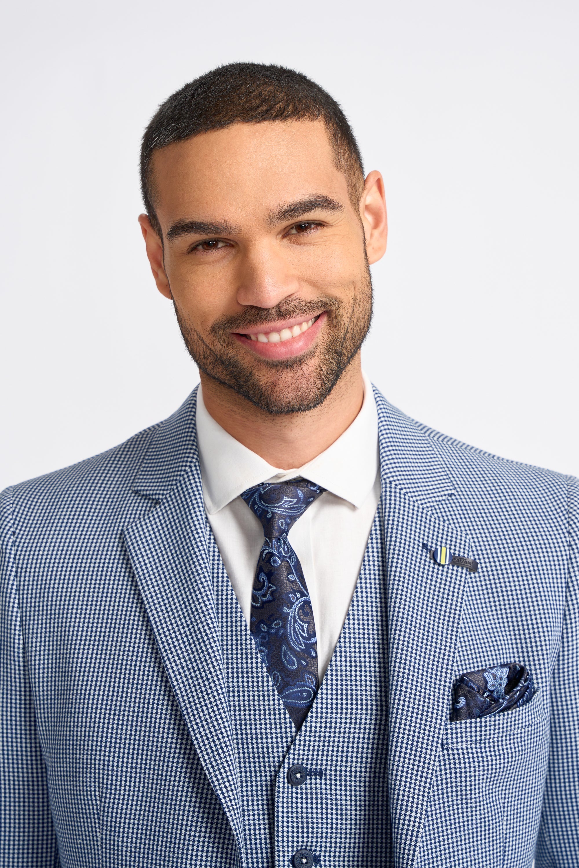 Costum bărbătesc Baresi, format din 3 piese, gri și bleumarin, cu carouri clasice de vară contrastante