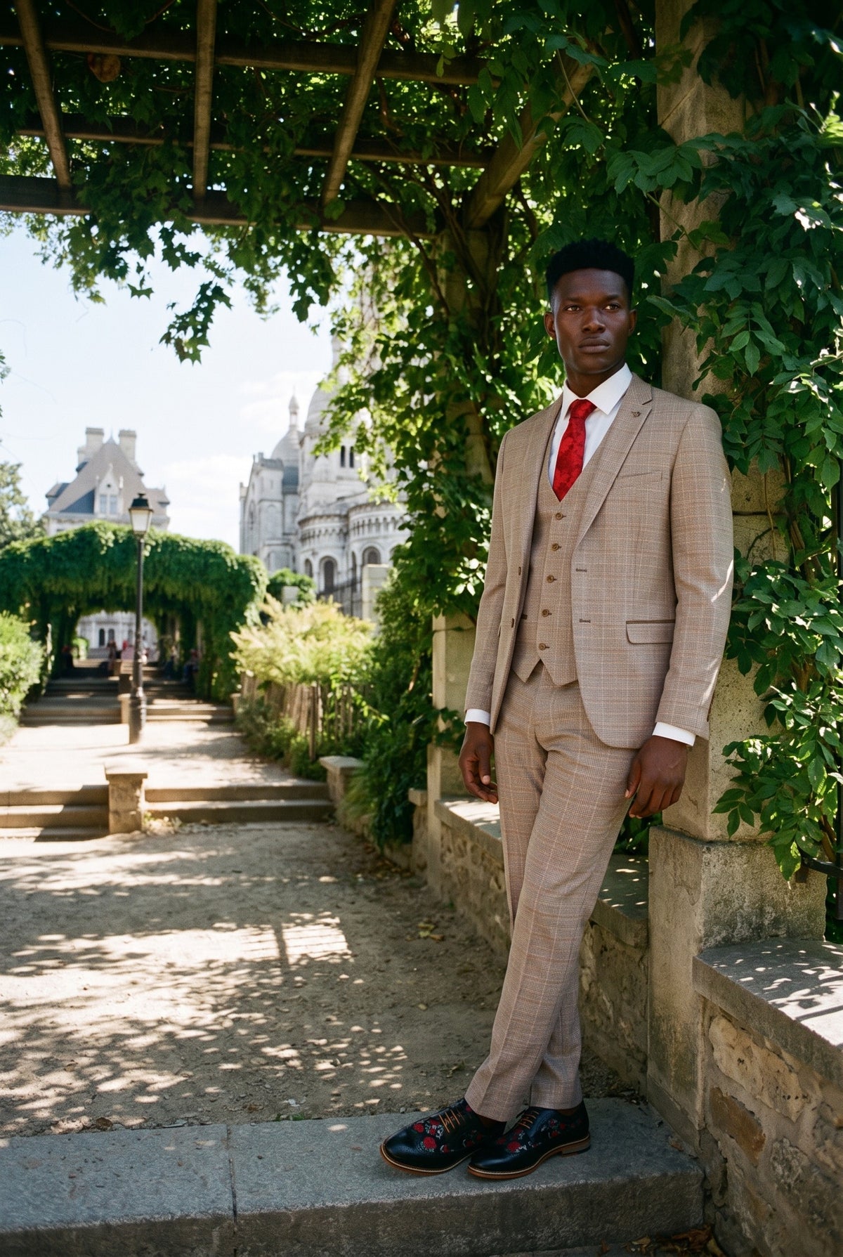 Look #215 styled with Paul Andrew Holland - Costum bărbătesc din tweed, bej, maro, din 3 piese, nuntă, bal, vintage, retro, clasic