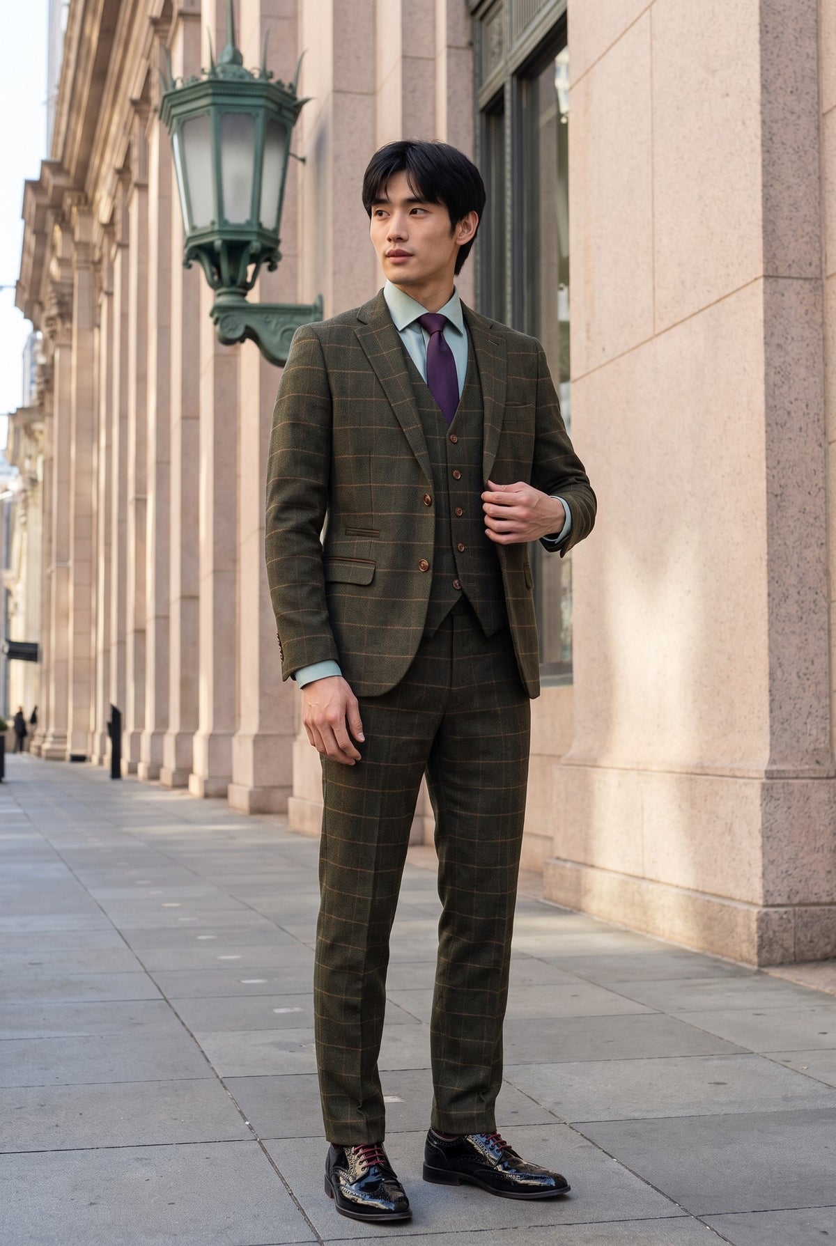 Look #509 styled with Harris - Costum verde din 3 piese din amestec de lână tweed pentru bărbați