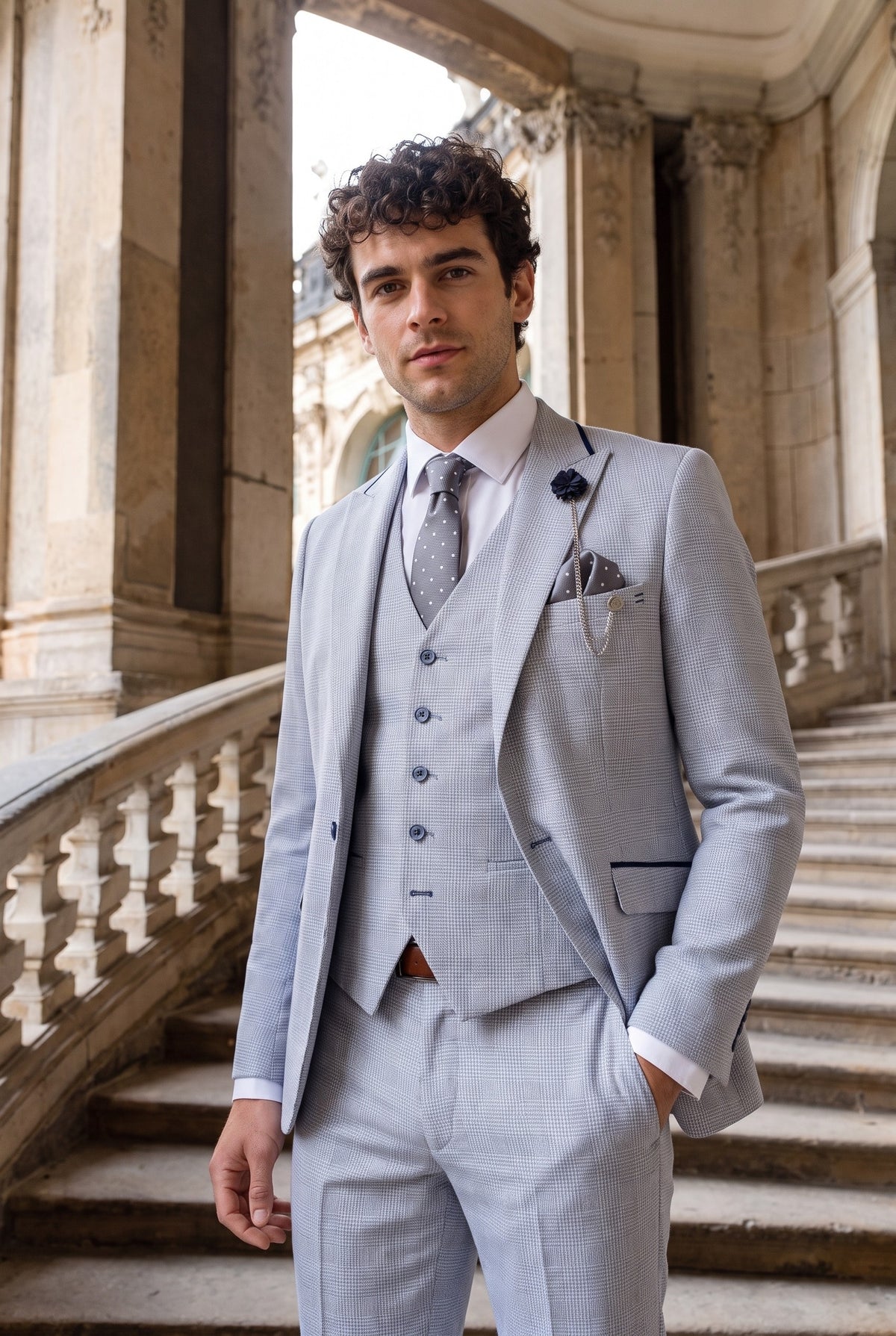 Look #950 styled with Costum bărbătesc din 3 piese, model tweed, albastru deschis, croială croită, model Peaky Classic