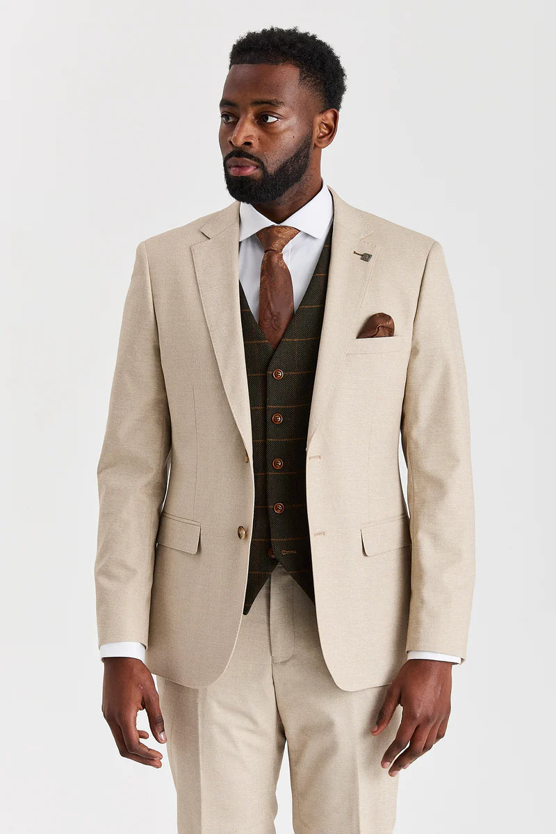 Costum Belmont bej cu vestă din tweed Harris Green
