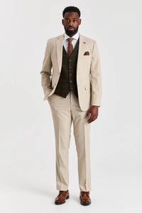 Costum Belmont bej cu vestă din tweed Harris Green