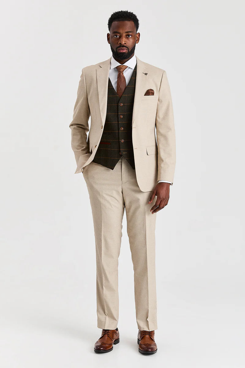 Costum Belmont bej cu vestă din tweed Harris Green