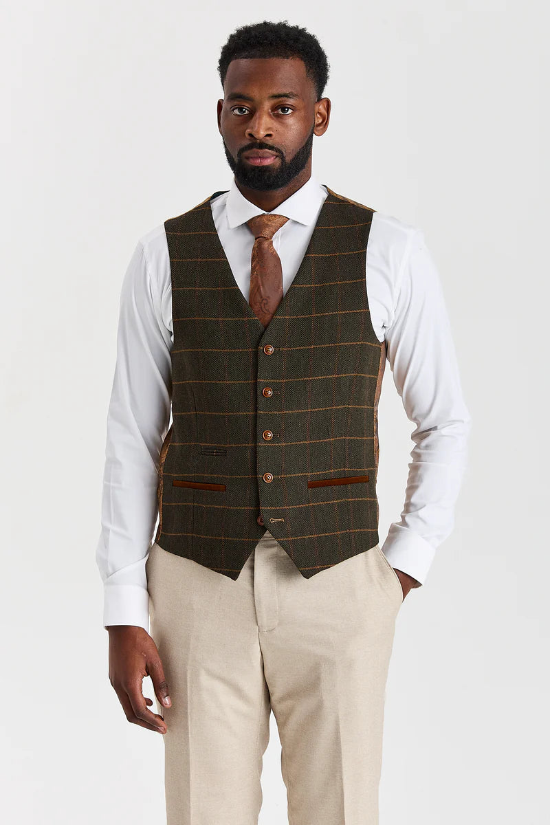 Costum Belmont bej cu vestă din tweed Harris Green