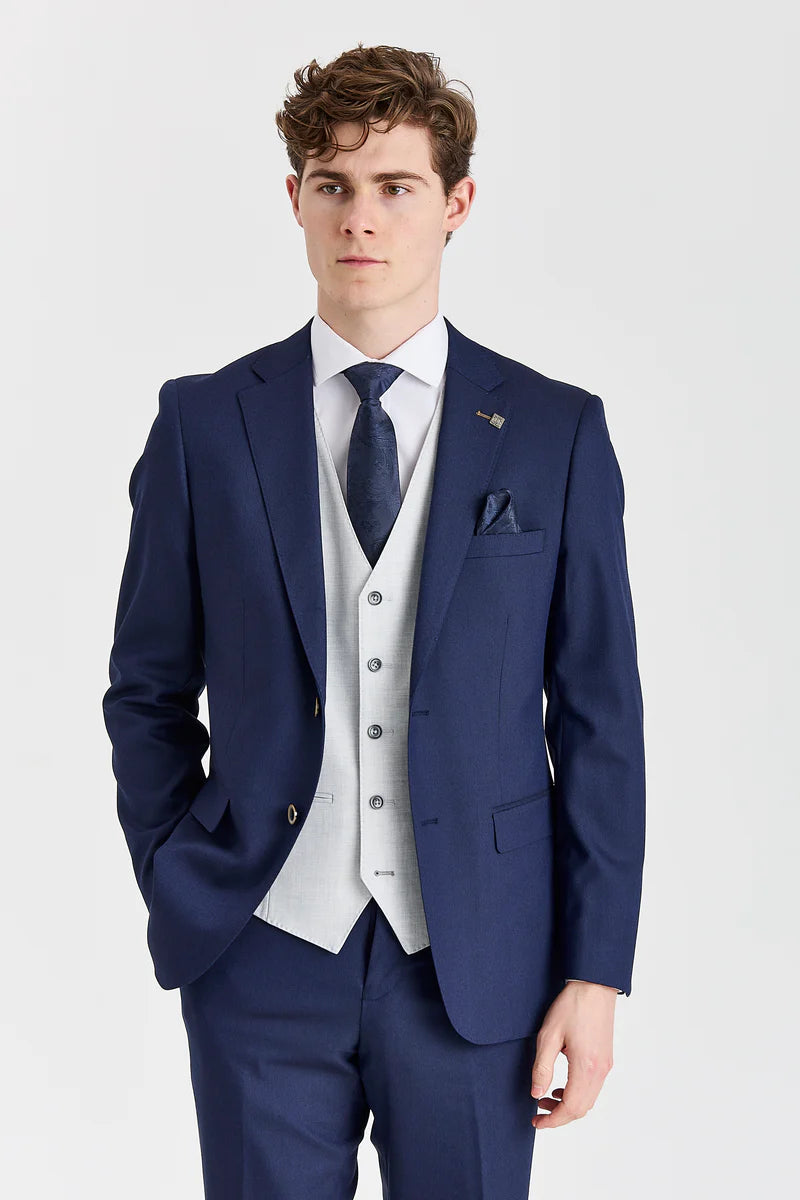 Costum Belmont bleumarin cu vestă Belmont argintie contrastantă