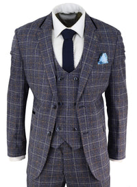 Mens Blue Tweed Check 3 Piece Suit