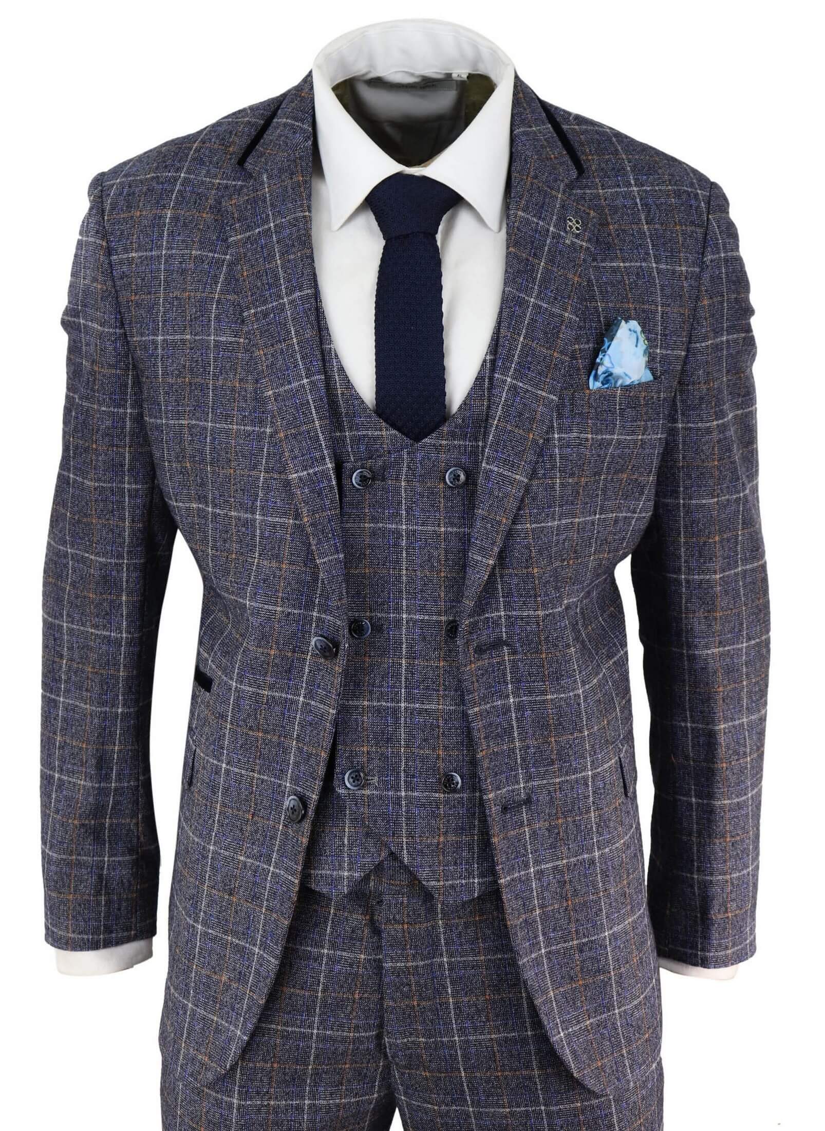 Mens Blue Tweed Check 3 Piece Suit