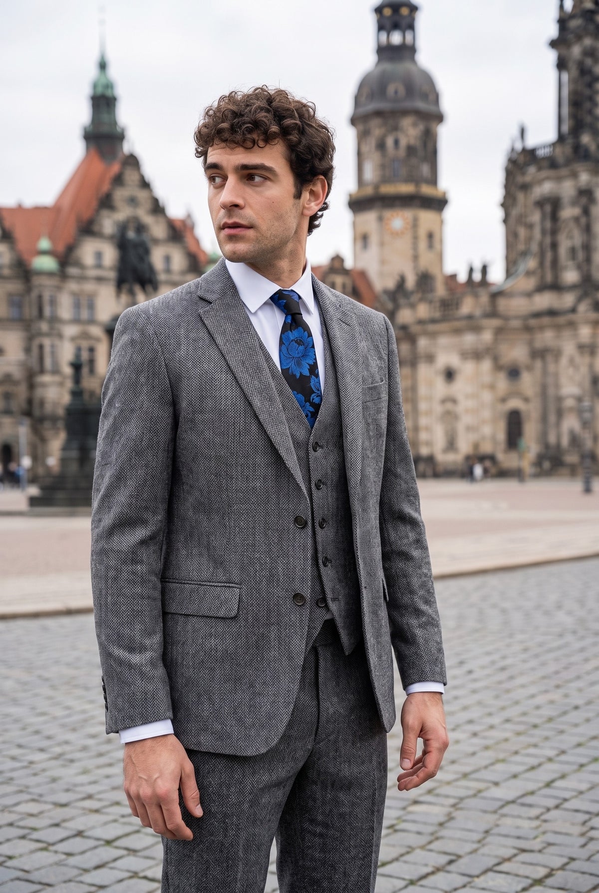 Look #974 styled with IM41 - Costum gri din 3 piese din tweed herringbone pentru bărbați