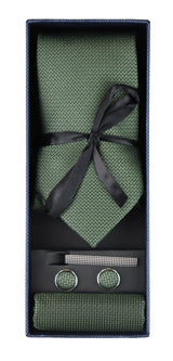 Satin Silk Textured Green Tie Gift Set Pocket Square Cuff Links Tie Matt Satin