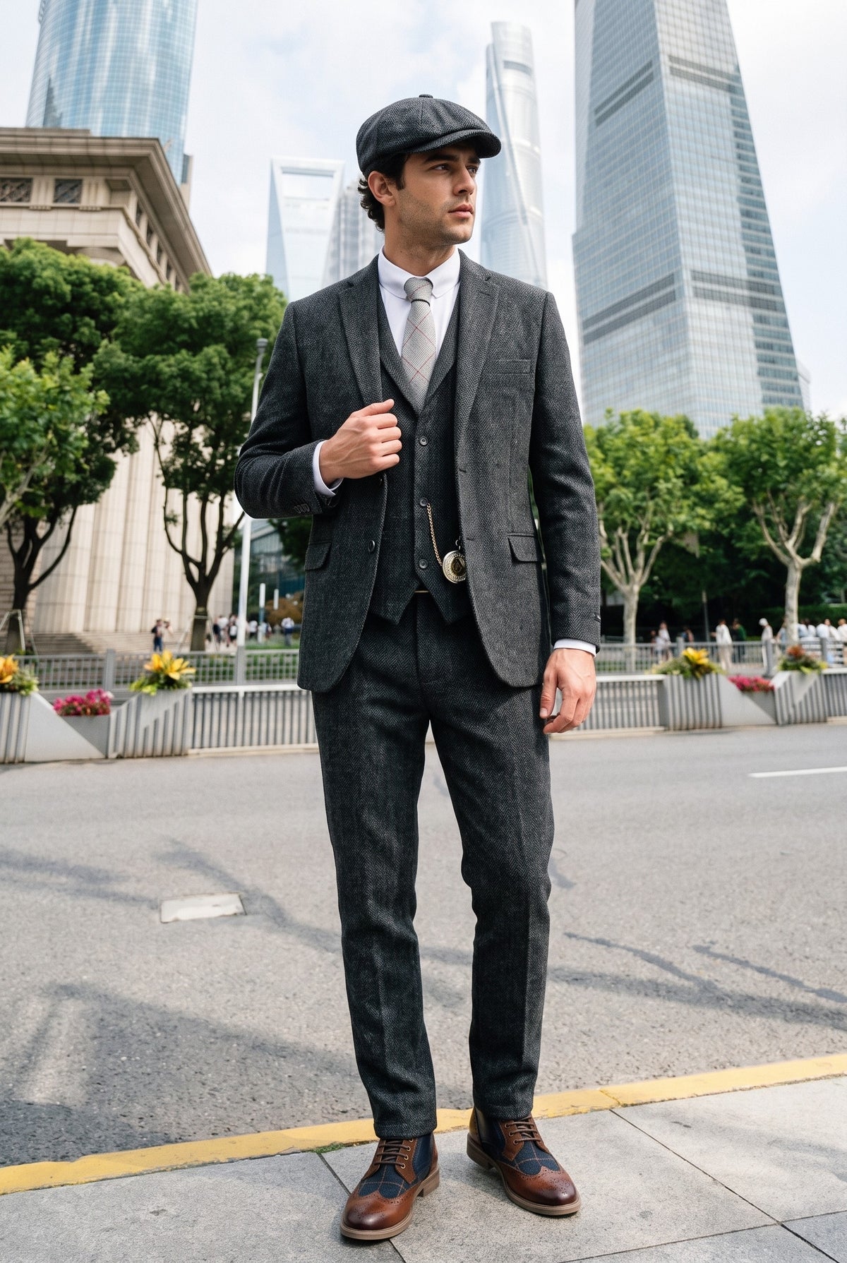 Look #882 styled with Costum bărbătesc gri cărbune din 3 piese, model herringbone, din tweed - STZ11
