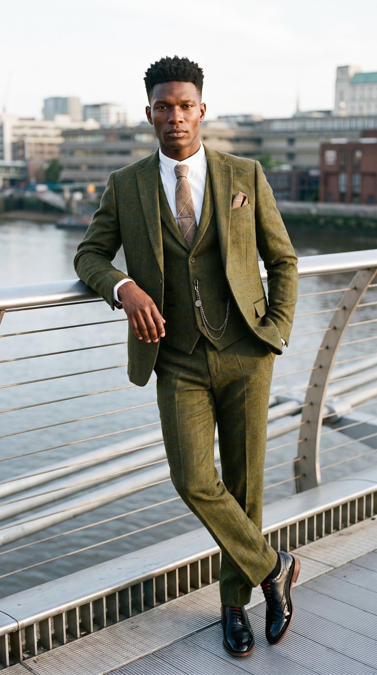 Look #715 styled with Costum bărbătesc din 3 piese, lână, tweed, verde, albastru, maro, carouri, anii 1920, model Gatsby