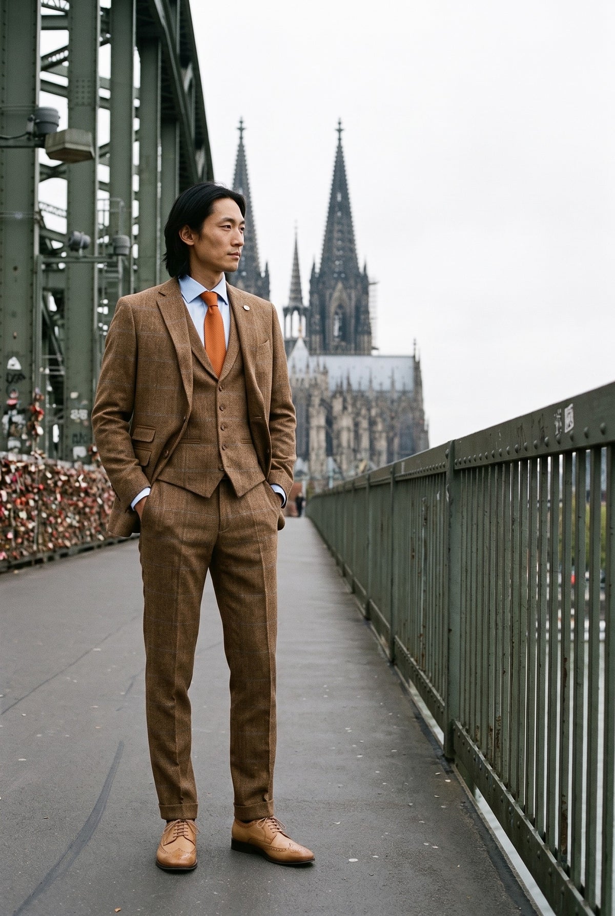 Look #982 styled with Costum bărbătesc din 3 piese, lână, tweed, model herringbone, maro, albastru, carouri, anii 1920, Gatsby