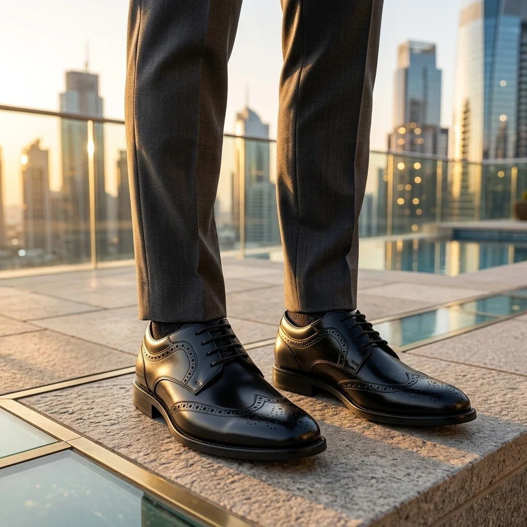 Cambridge - Pantofi Derby Brogue cu Wingtip pentru bărbați, negri