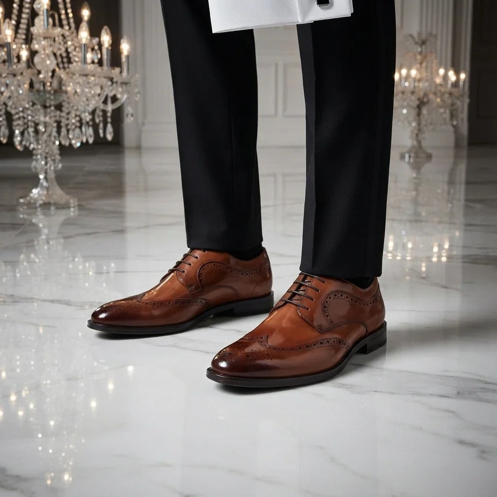 Cambridge - Pantofi Derby Brogue cu Wingtip pentru bărbați, maro deschis