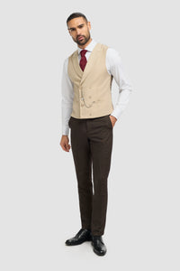 Costum bărbătesc maro în carouri tweed, format din 3 piese | Vestă crem cu două rânduri de nasturi