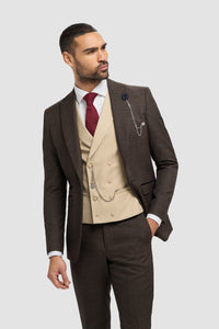 Costum bărbătesc maro în carouri tweed, format din 3 piese | Vestă crem cu două rânduri de nasturi