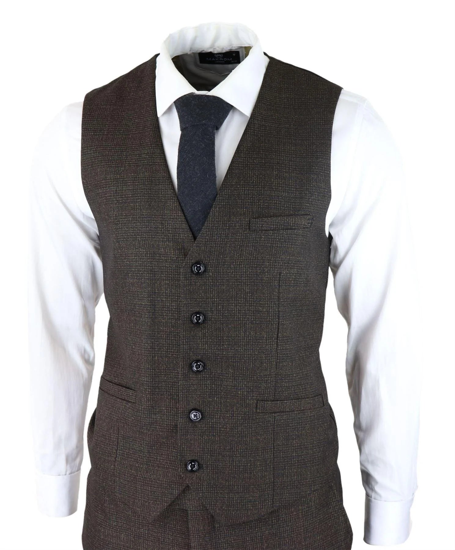 Mens 3 Piece Check Suit Tweed Black Brown Tailored Fit Wedding Peaky Classic