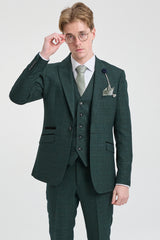 Costum bărbătesc din 3 piese, în carouri, tweed, verde măsliniu, croială croită, pentru nuntă, Peaky Classic
