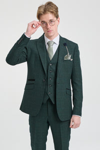 Costum bărbătesc din 3 piese, în carouri, tweed, verde măsliniu, croială croită, pentru nuntă, Peaky Classic