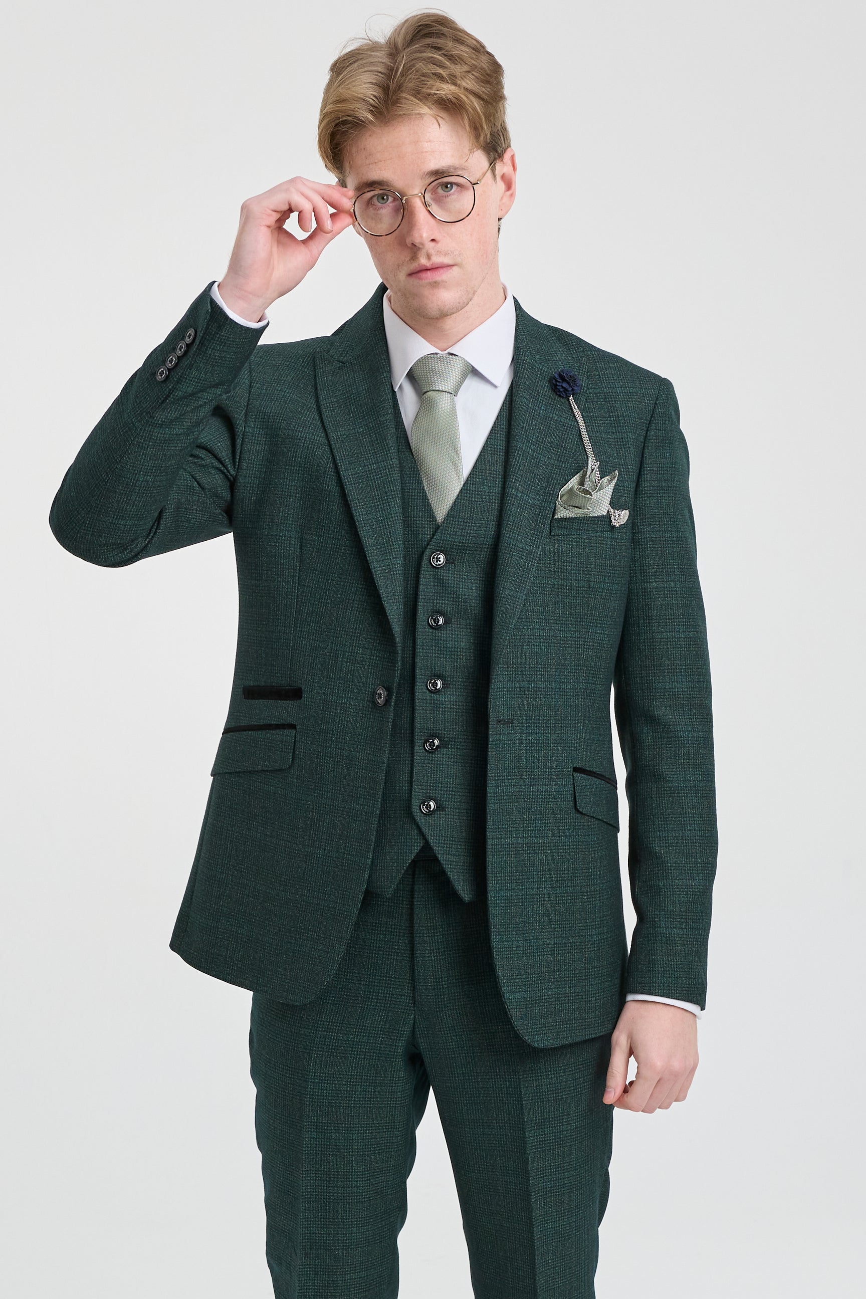 Costum bărbătesc din 3 piese, în carouri, tweed, verde măsliniu, croială croită, pentru nuntă, Peaky Classic