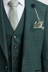 Costum bărbătesc din 3 piese, în carouri, tweed, verde măsliniu, croială croită, pentru nuntă, Peaky Classic