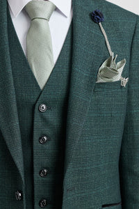 Costum bărbătesc din 3 piese, în carouri, tweed, verde măsliniu, croială croită, pentru nuntă, Peaky Classic