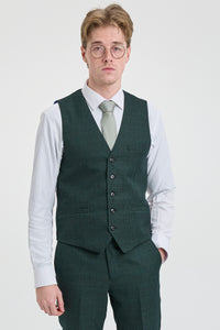 Costum bărbătesc din 3 piese, în carouri, tweed, verde măsliniu, croială croită, pentru nuntă, Peaky Classic