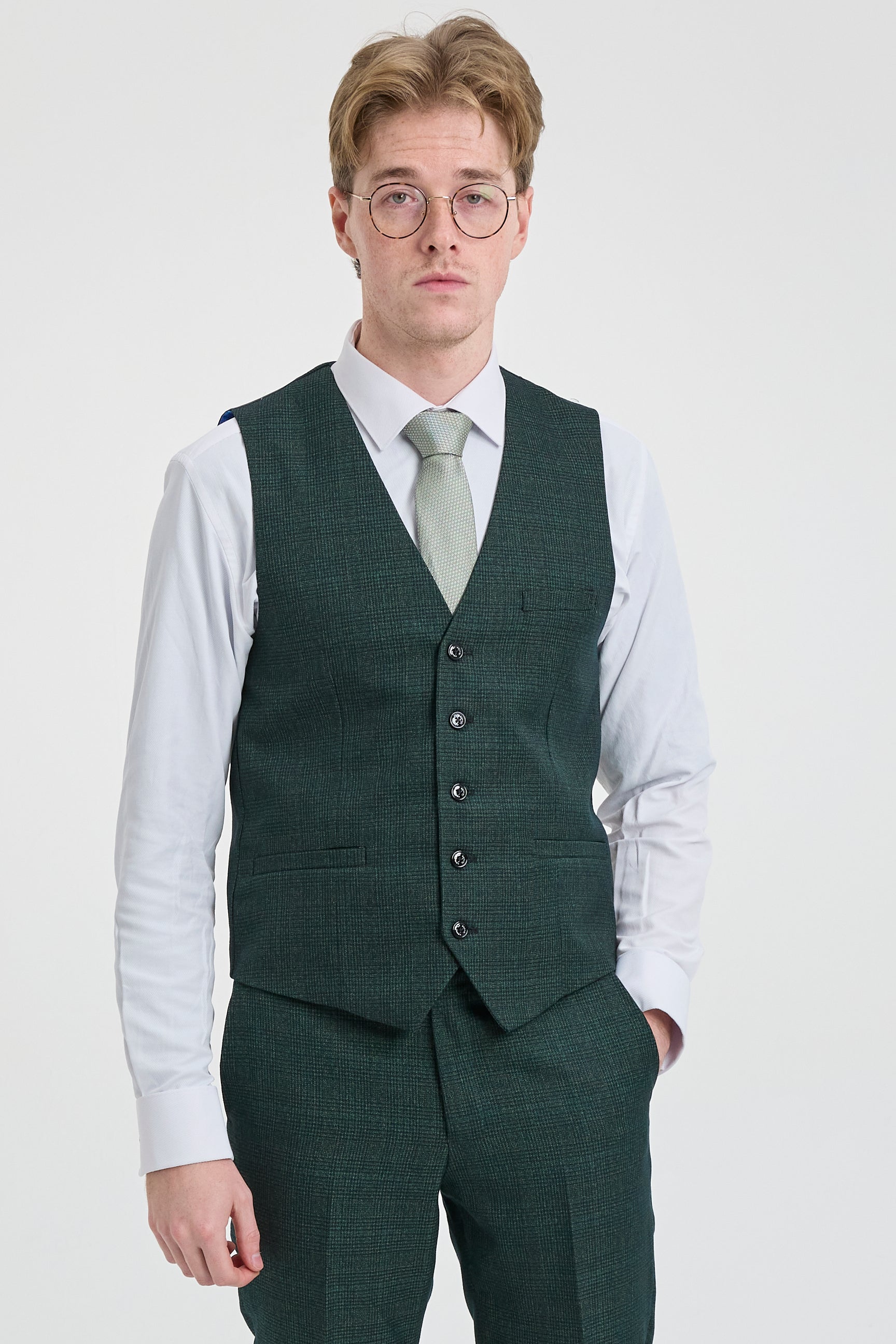 Costum bărbătesc din 3 piese, în carouri, tweed, verde măsliniu, croială croită, pentru nuntă, Peaky Classic