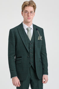 Costum bărbătesc din 3 piese, în carouri, tweed, verde măsliniu, croială croită, pentru nuntă, Peaky Classic