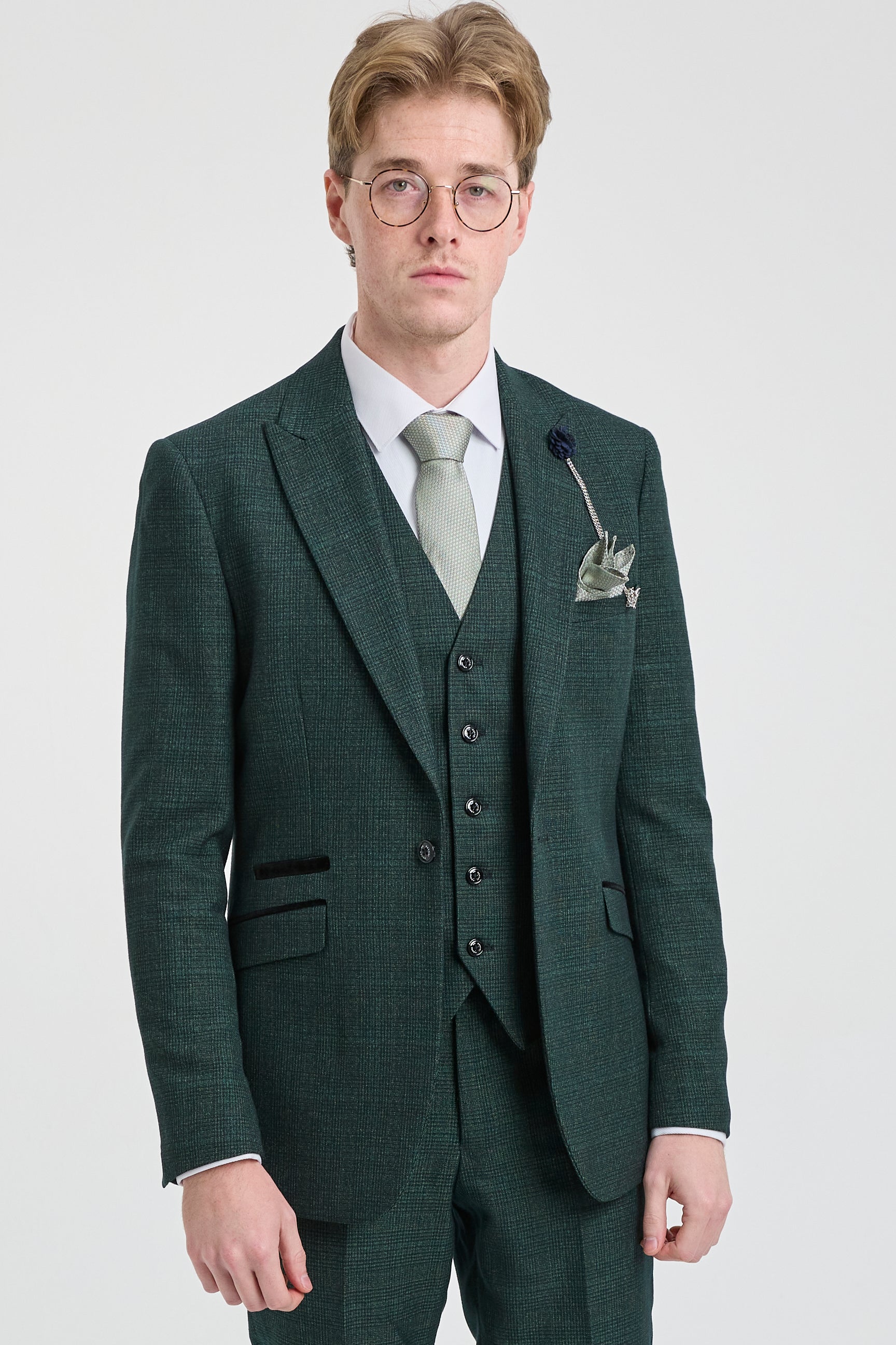 Costum bărbătesc din 3 piese, în carouri, tweed, verde măsliniu, croială croită, pentru nuntă, Peaky Classic