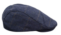 Cavani Kempson Flat Cap - Mens Tweed Wool Check Grandad Hat Vintage - Olive Green/Navy Blue