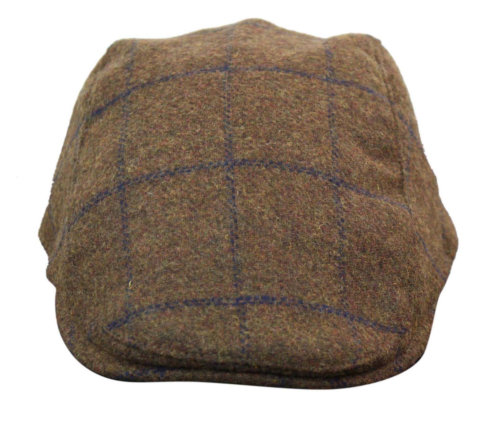 Cavani Kempson Flat Cap - Mens Tweed Wool Check Grandad Hat Vintage - Olive Green/Navy Blue
