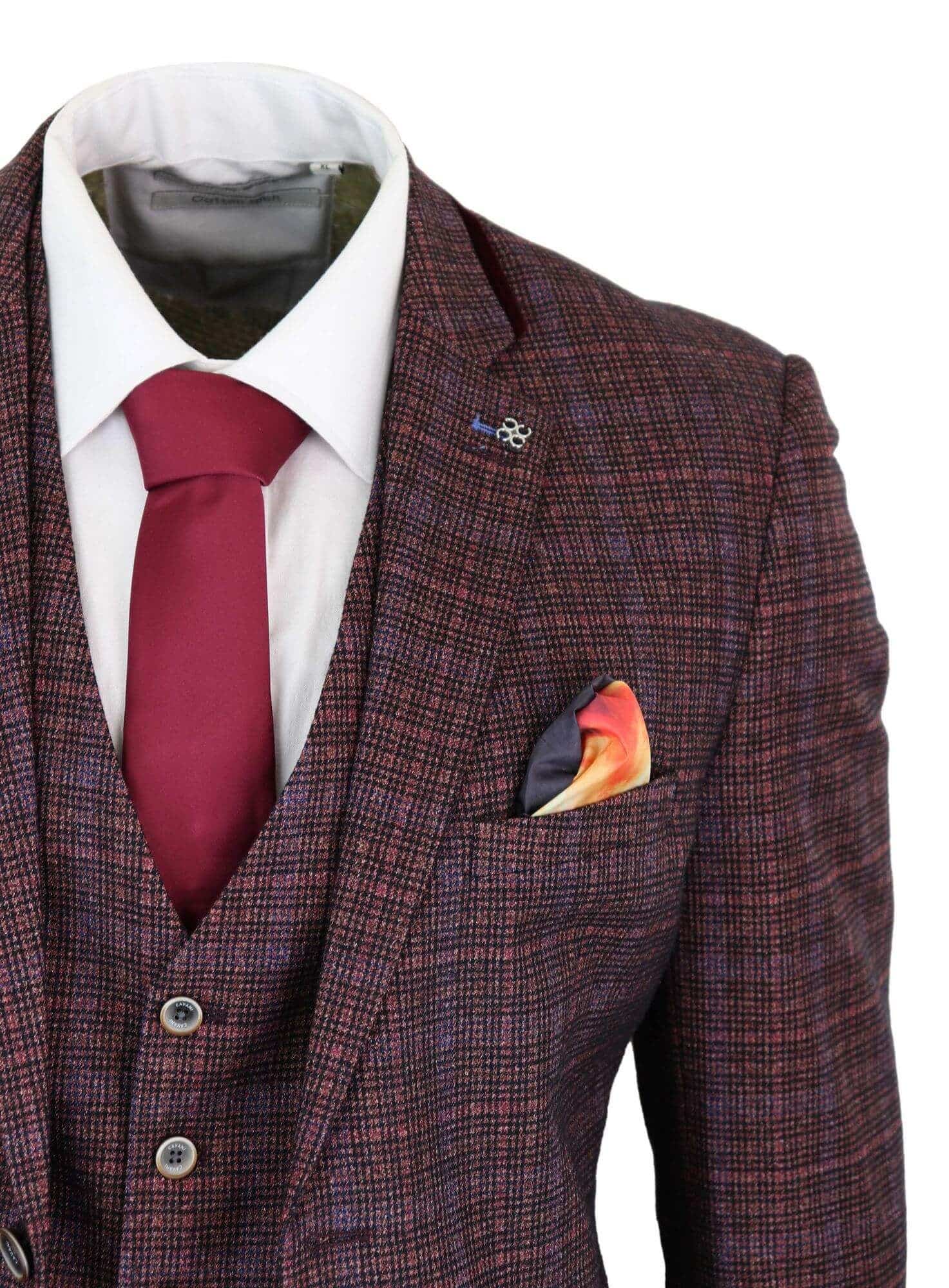 Cavani Carly - Men's 3 Piece Tweed Check Burgundy Suit