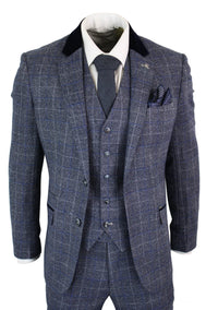 Cavani Miles - Mens Blue Navy 3 Piece Tweed Suit Herringbone Vintage Peaky Blinders 1920's Retro